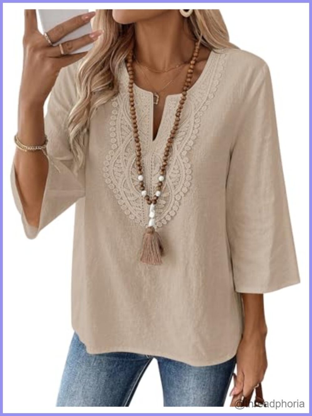 Womens Linen Cotton 3/4 Sleeve V-Neck Blouse Loose Fit Tunic Top